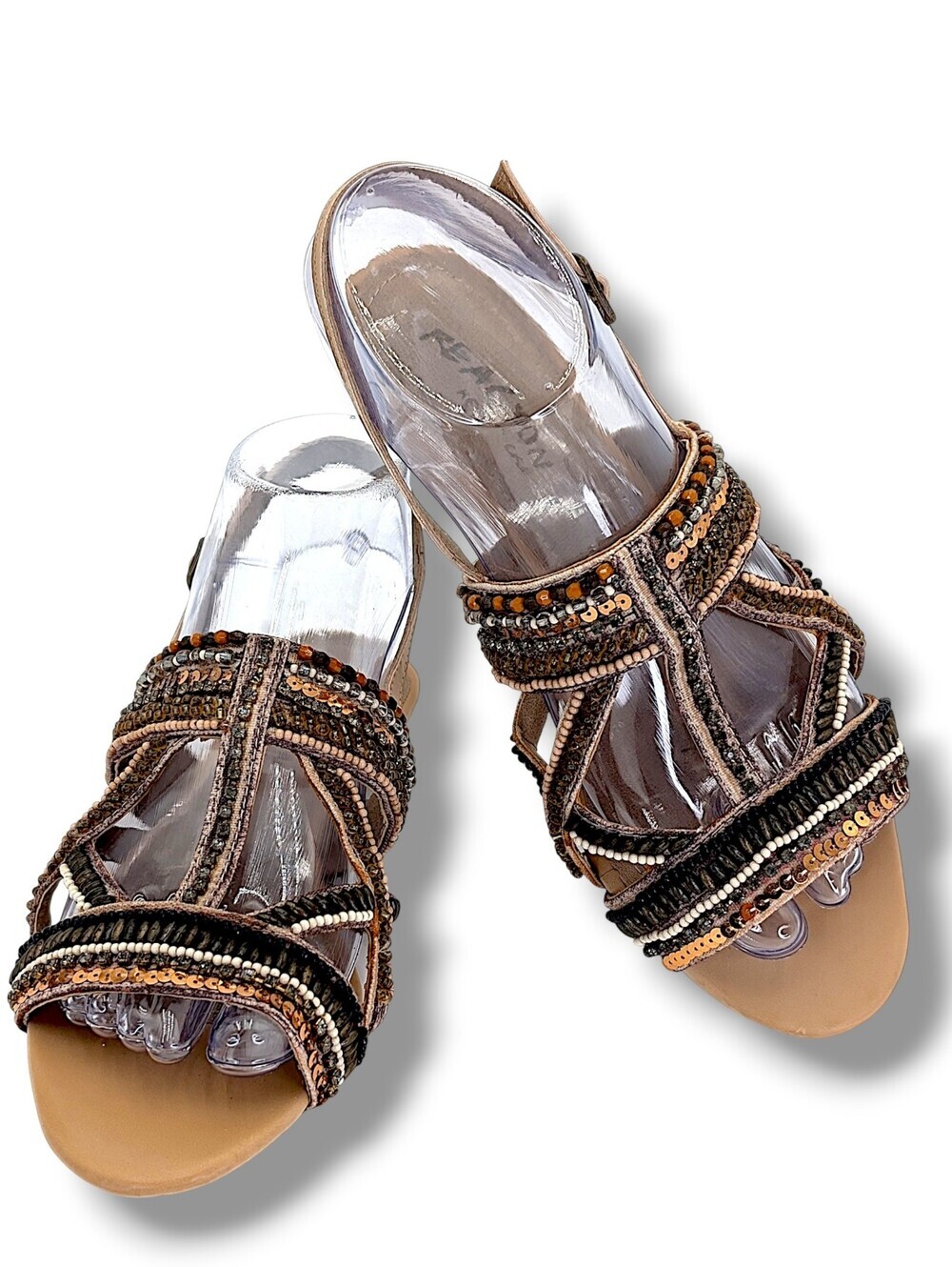 Kenneth Cole Reaction Sz 7.5M Bronze/Taupe With Beads/Sequin & Criss-Cross Strap - Picture 8 of 17